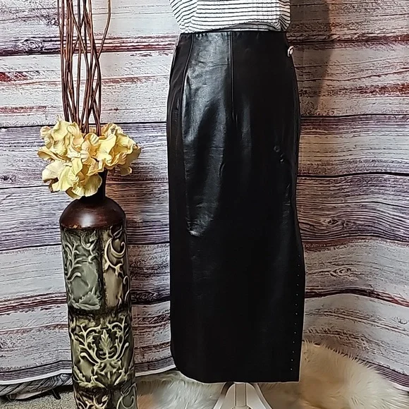 NWT YING DAK RHINESTONE 100% BLACK LEATHER LINED MAXI SKIRT - Picture 8 of 16